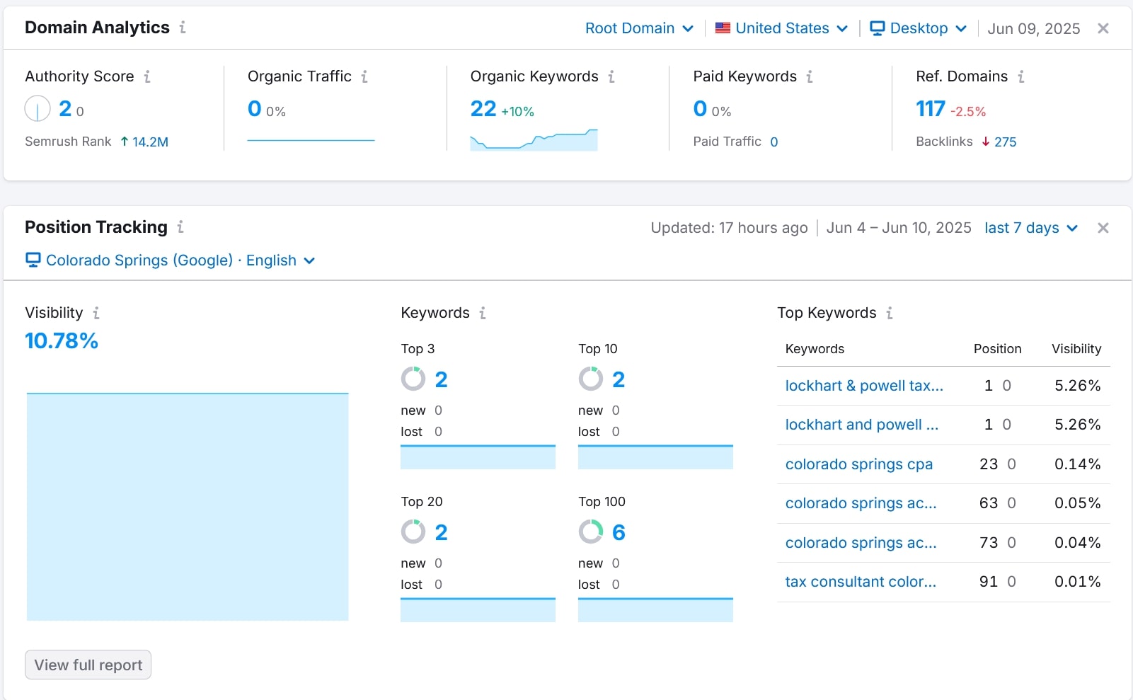Colorado Springs SEO consultant analytics dashboard showing organic traffic growth and keyword rankings for local businesses