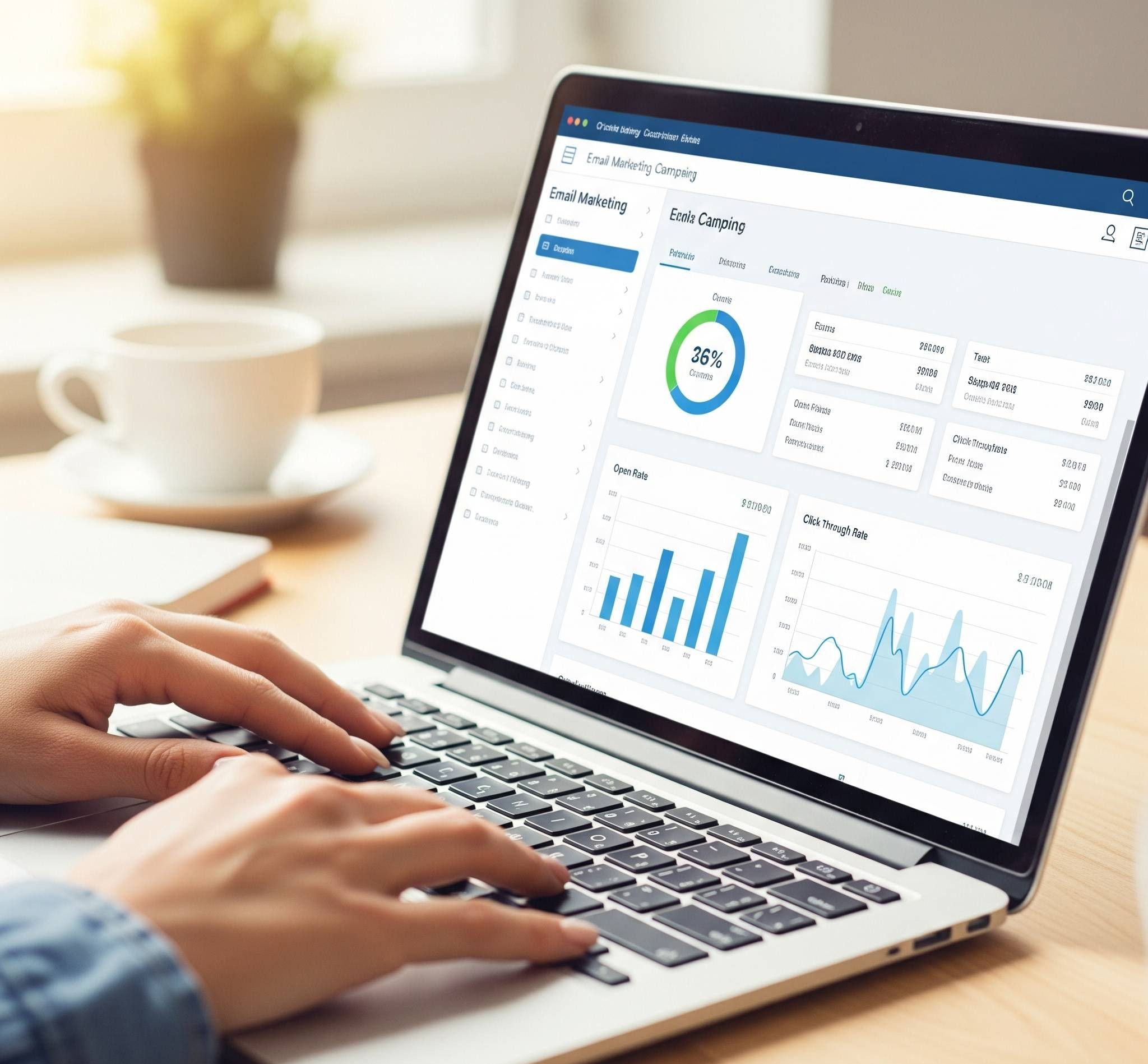 Hands typing on a laptop displaying an email-marketing analytics dashboard with open-rate and click-through graphs, created by Richey Consulting.