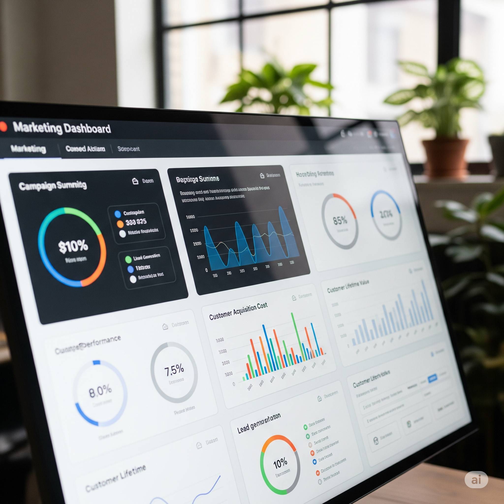 Marketing analytics dashboard on a widescreen monitor in Richey Consulting’s office, displaying campaign performance, customer acquisition cost and lifetime value metrics.