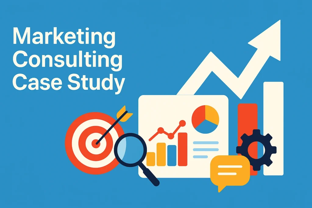 Flat illustration showing charts, a growth arrow, target, and magnifying glass for a marketing consulting case study.