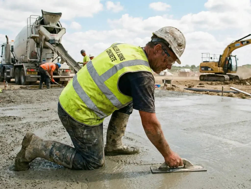 Concrete worker troweling and smoothing a fresh concrete slab at a construction site.